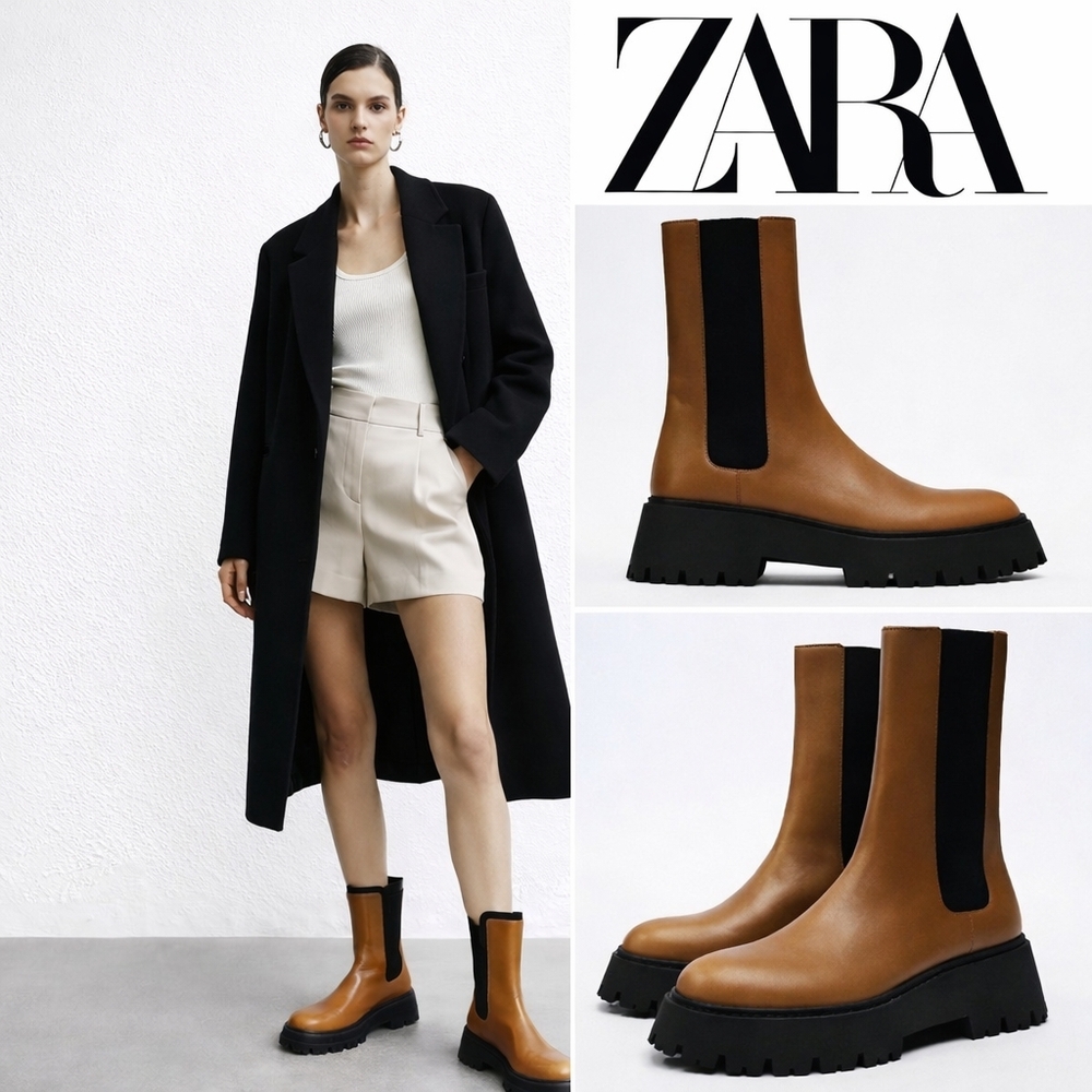ZARA Lug Sole Long Ankle Brown Boots Size 10 Tan Brown